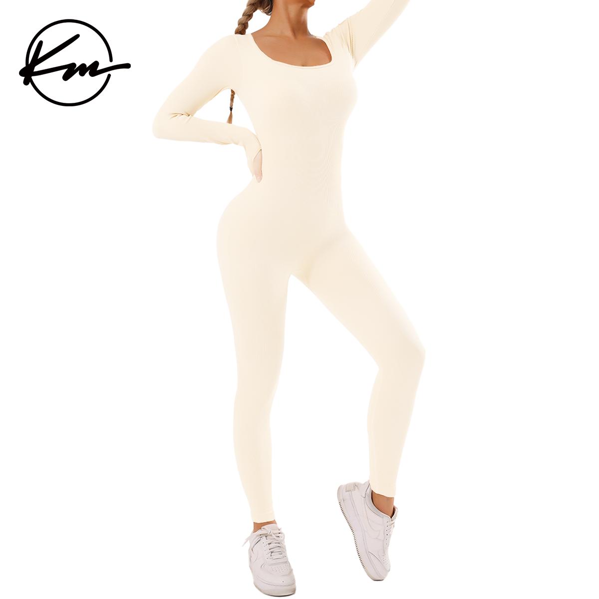 KatchMe Womenswear Solid Color U Neck Seamless Shaping Jumpsuit-CC,Thumb Holes Design Jumpsuit,Slim-Fitting Stretchy Tummy Control Shapewear