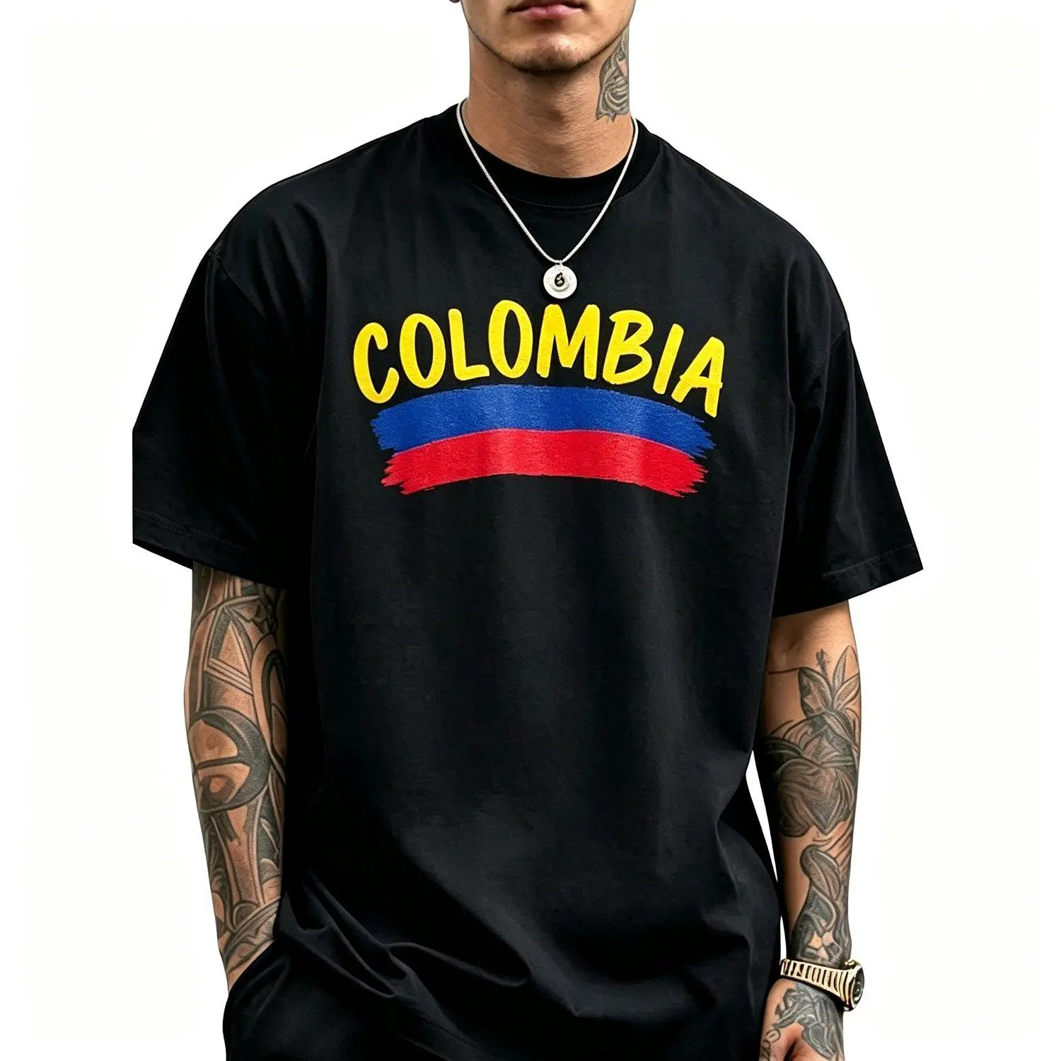 Men’s short-sleeve T-shirt featuring colors from the Colombian flag and a design inspired by Colombia—a casual fashion tee top