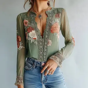 2025 Spring and Autumn Women's New Lace Print Deep V Neck Casual Plus Size Pullover
