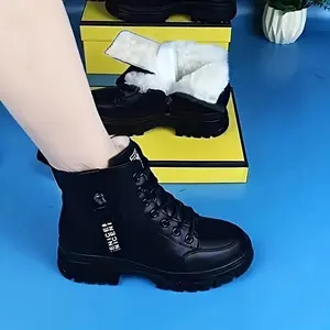 Warm Fleece-Lined Black Ankle Boots for Women - Winter 2024 Collection, Flat Non-Slip Sole, Comfortable Lace-Up Short Boots with Round Toe and Side Zipper, Ideal for Casual Wear Rubber Girl