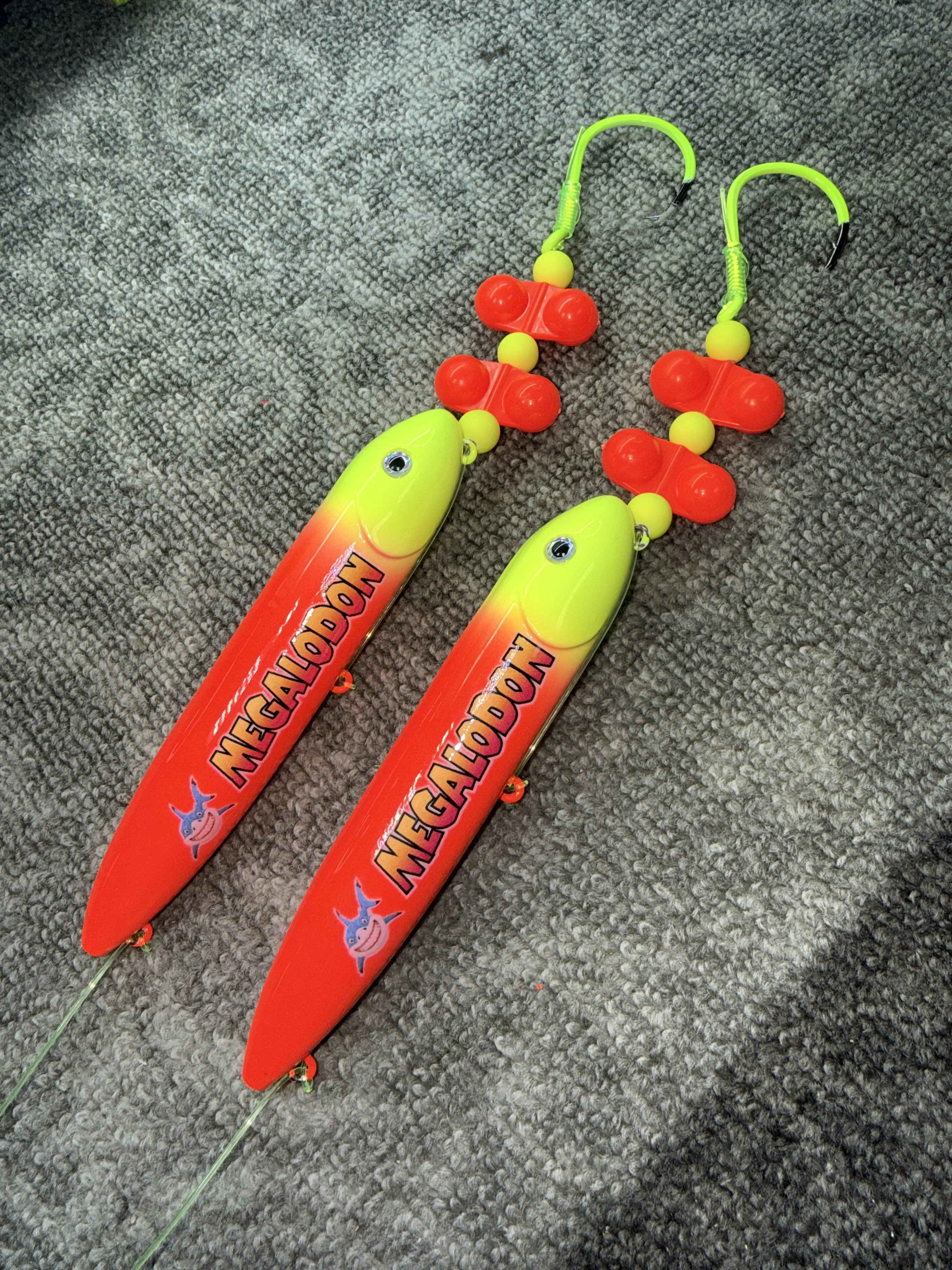 Megalodon two pack on 8/0 green glow hooks and 100 pound yellow mono leader lines