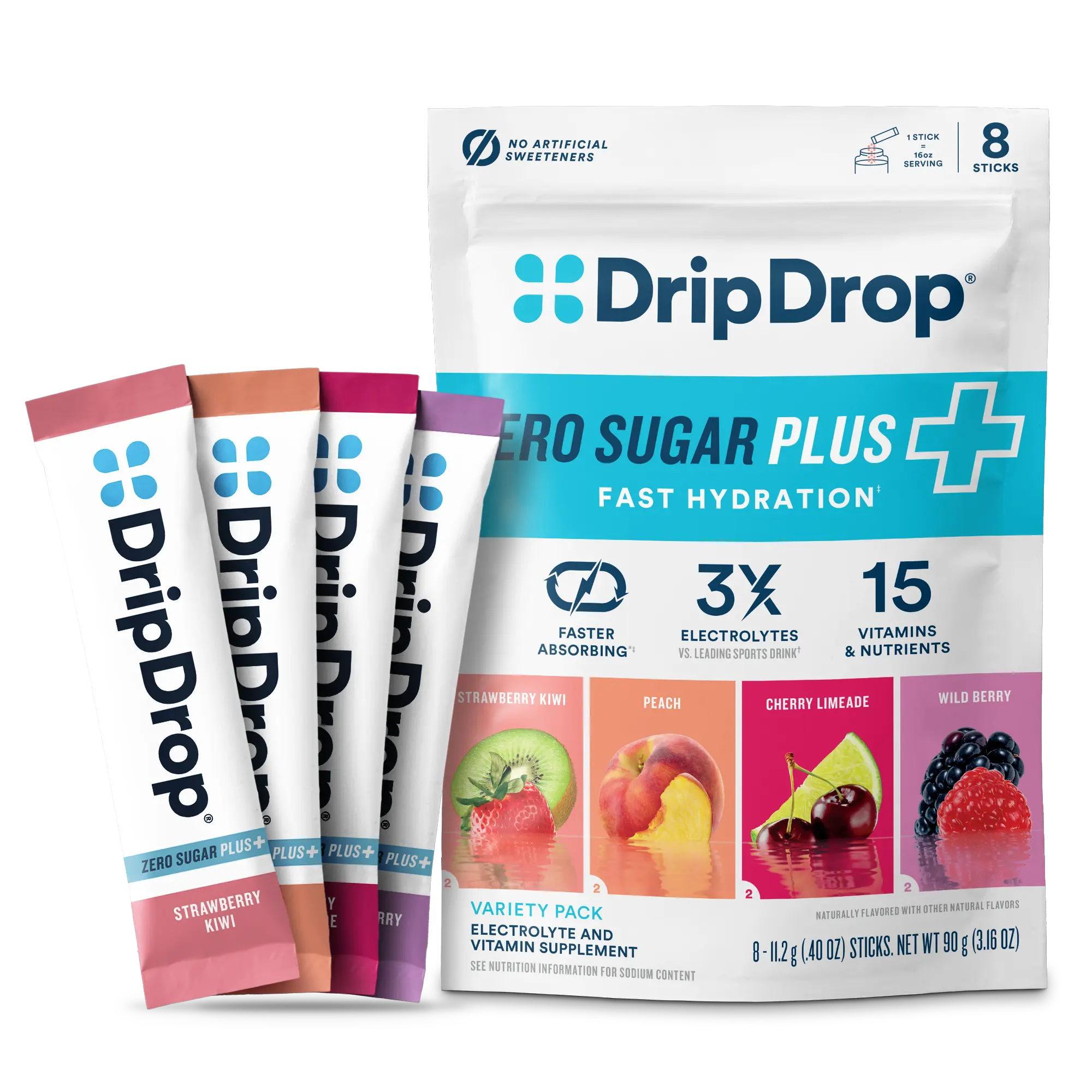 DripDrop Zero Sugar Plus, Fresh Variety Pack, 16 oz sticks, 8 count