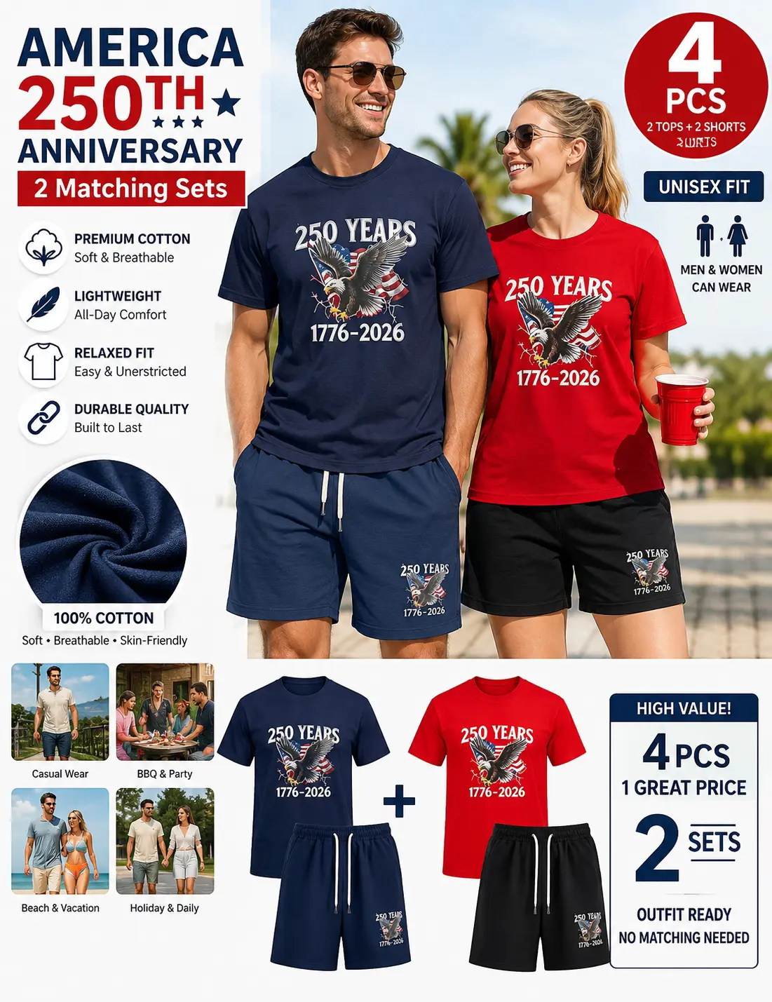 Men's 2 sets cotton "250 Years 1776-2026" American Eagle Graphic Tee & Shorts Set | Patriotic Cotton Loungewear Outfits  Menswear