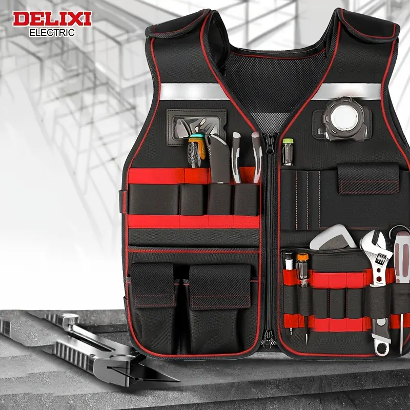 Workwear vest: reflective safety tool vest with adjustable straps, durable design with multiple pockets, sealed pockets, and high-visibility features – suitable for mechanics, carpenters, and hobbyists. Menswear Clothes Uniforms Man Bestie Basic Elastic