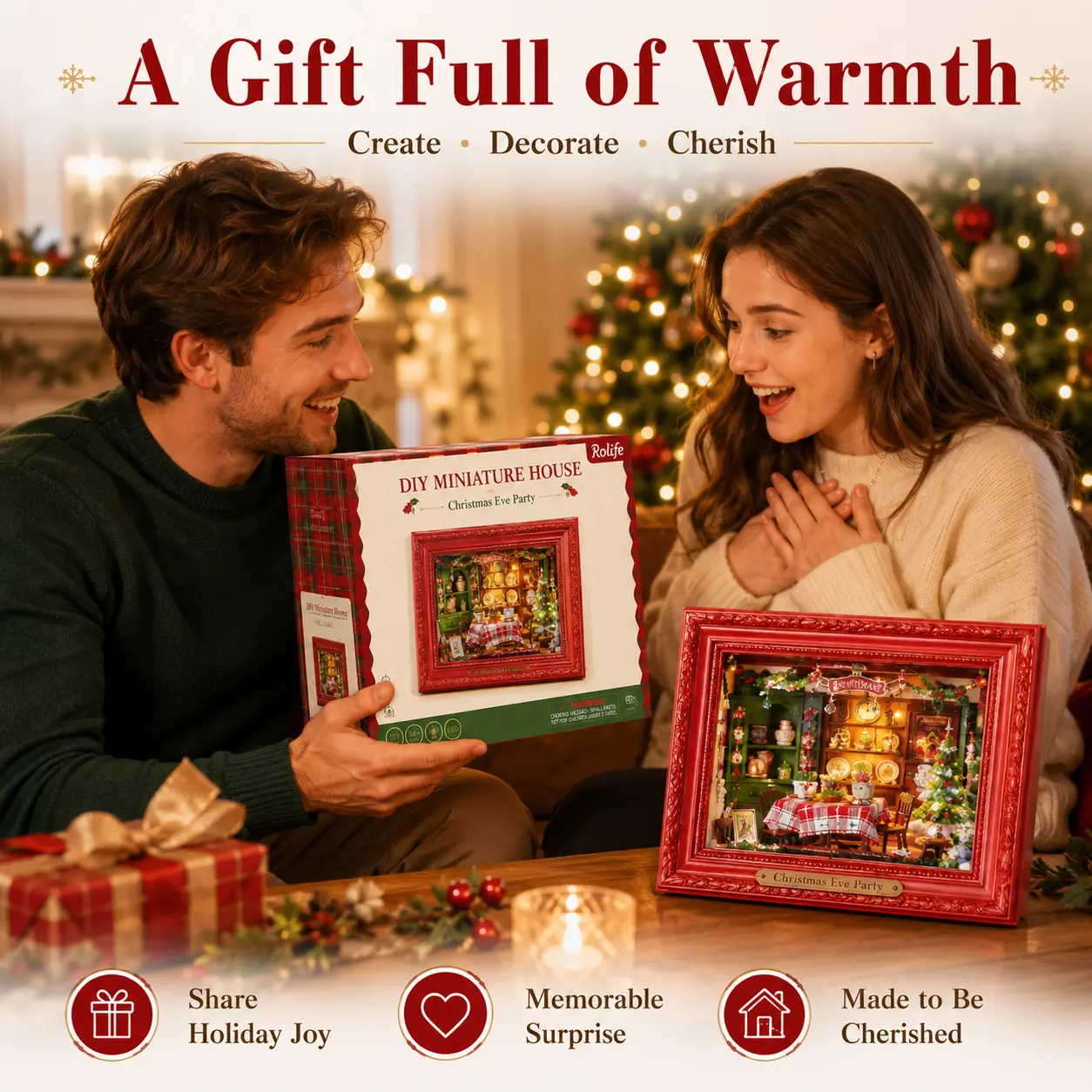 【ROBOTIME】Rolife 125-Piece 3D Puzzle DIY Miniature Dollhouse Kit - 3D Wall-Mountable Building Set with Bright Red Frame, Christmas Traditional Tree Ornaments, for 12+ Years, Home Decoration Gift