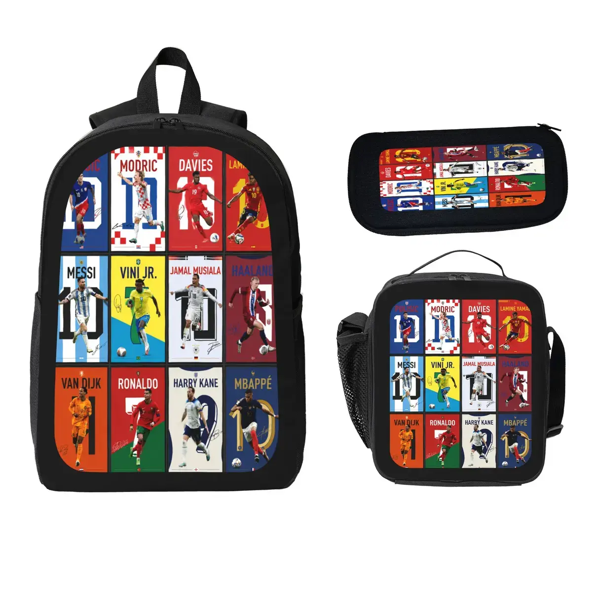 3PCS Soccer Graphic Sports Backpack Set, Football Player Design Travel Bag with Lunch Bag & Pencil Case, Lightweight Athletic Backpack for Outdoor Activities & Daily Use