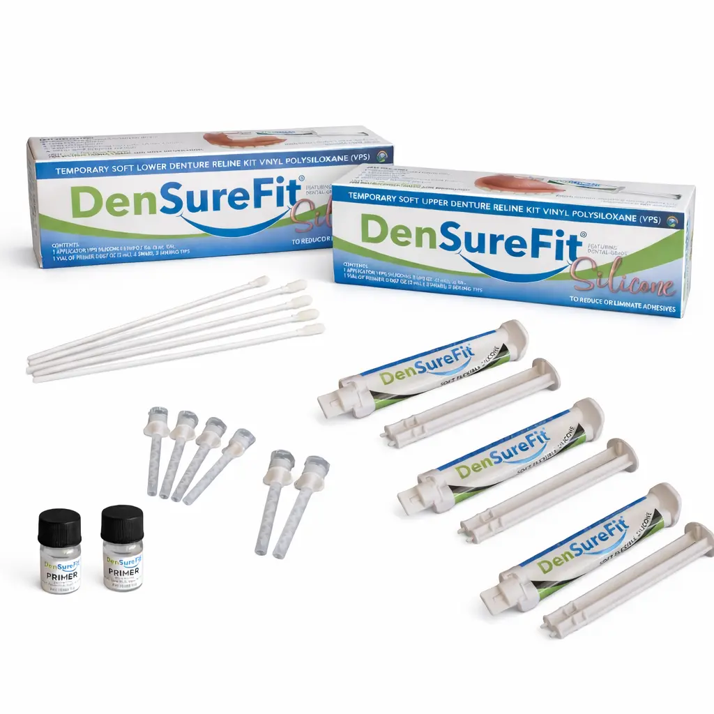 DenSureFit Soft Silicone Denture Reline Kit for a Secure Fit on Upper & Lower Dentures, HSA/FSA Eligible Oral Care Tools with 3 Applicators & 2 Primer Bottles, Bottle, Dental Accessories, 24 Months, 30-Day Guarantee, Otc Dental, Unscented