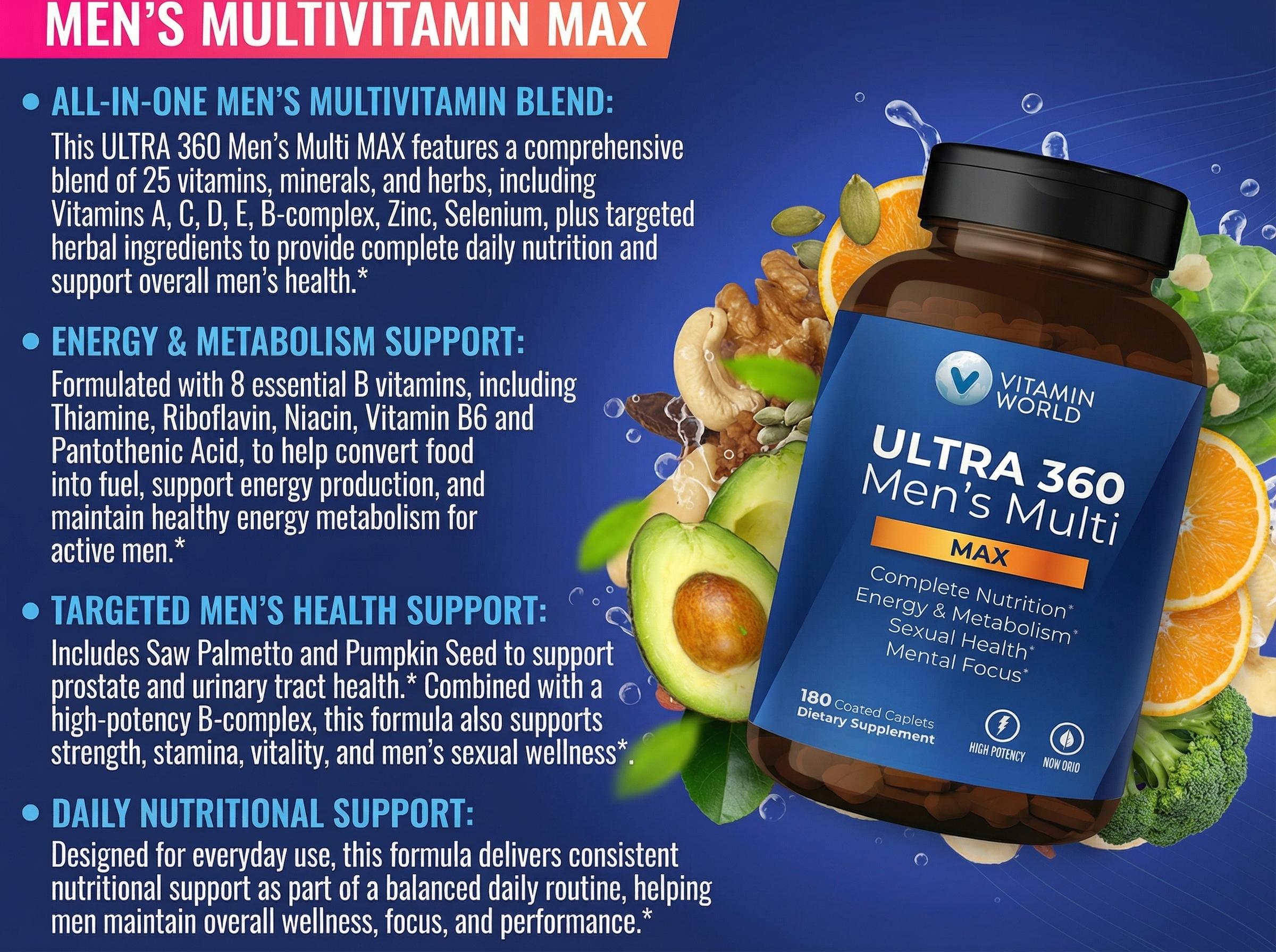 VITAMIN WORLD ULTRA 360 Men's Max Multivitamin, Max for Men Daily Multivitamin - Non-GMO, Gluten Free - Supplement, Healthcare Fitness, Edible Dietary