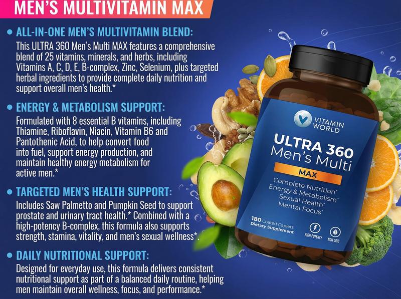 VITAMIN WORLD ULTRA 360 Men's Max Multivitamin, Max for Men Daily Multivitamin - Non-GMO, Gluten Free - Supplement, Healthcare Fitness, Edible Dietary