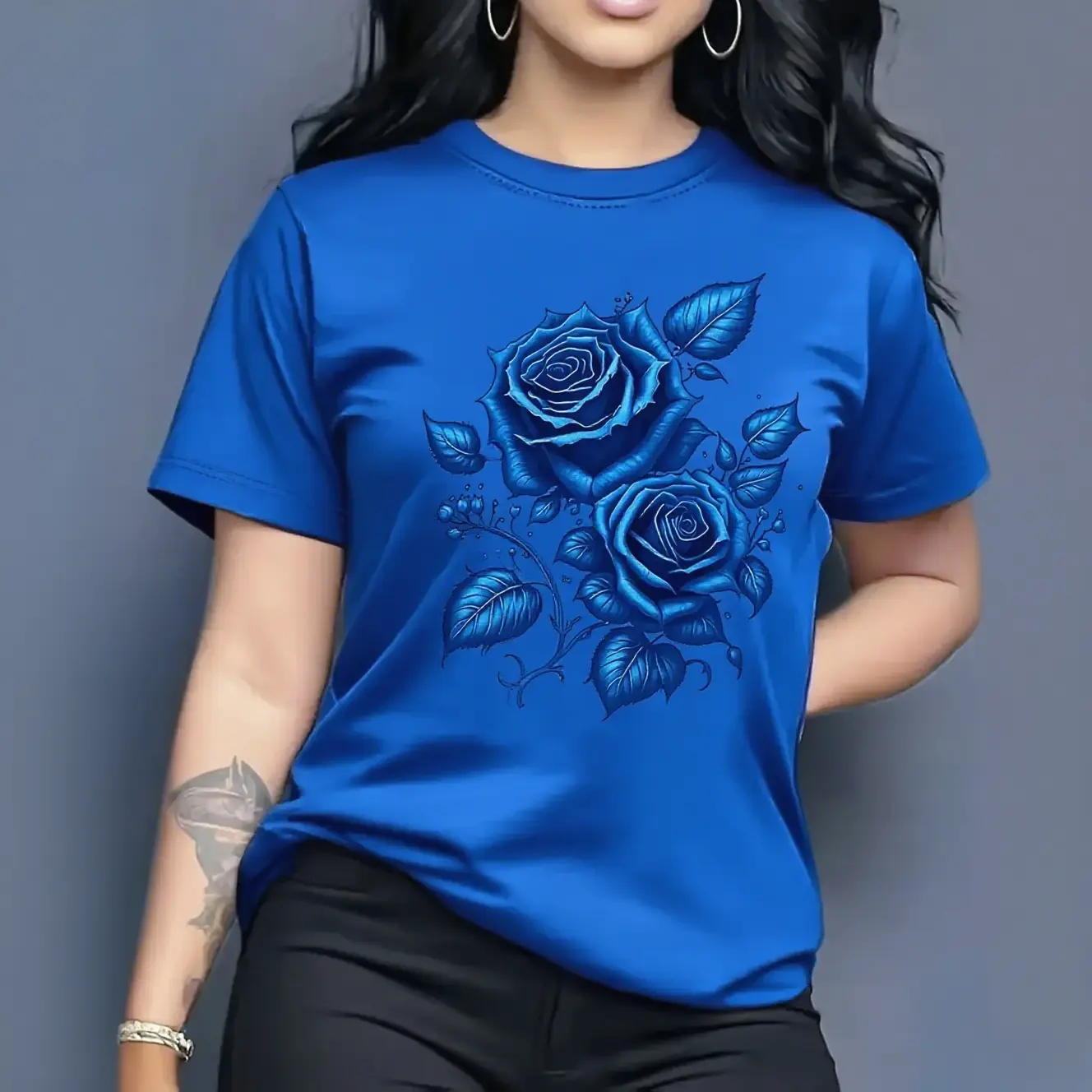 Women's Modest Ditsy Floral Rose Print T-Shirt - Streetwear, Valentines Day, Halloween Styles, Casual Basic Athletic Loose-Fit Short-Sleeve Round Neck Breathable Polyester Top