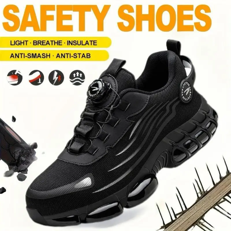 Men's breathable work sneakers, non-slip safety shoes with steel toe protection, comfortable for all seasons Black Midsole steel toe shoes,FathersDayGift