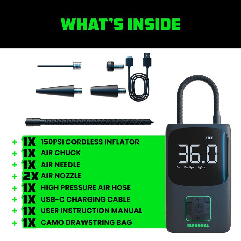 Rhino USA Tire Inflator Portable Air Compressor (150 PSI) Upgraded Air Pump for Car Tires with Digital Pressure Gauge