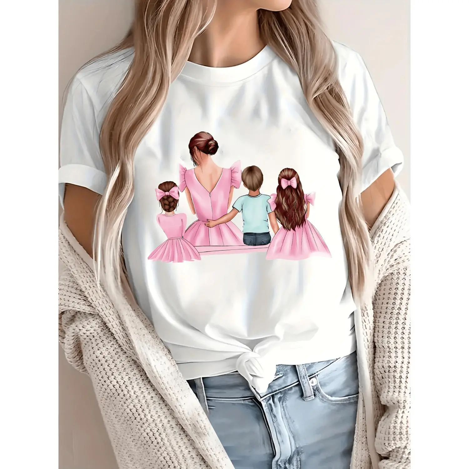 Women's Summer Short Sleeve Fitted Round Neck T-Shirt for Family Members