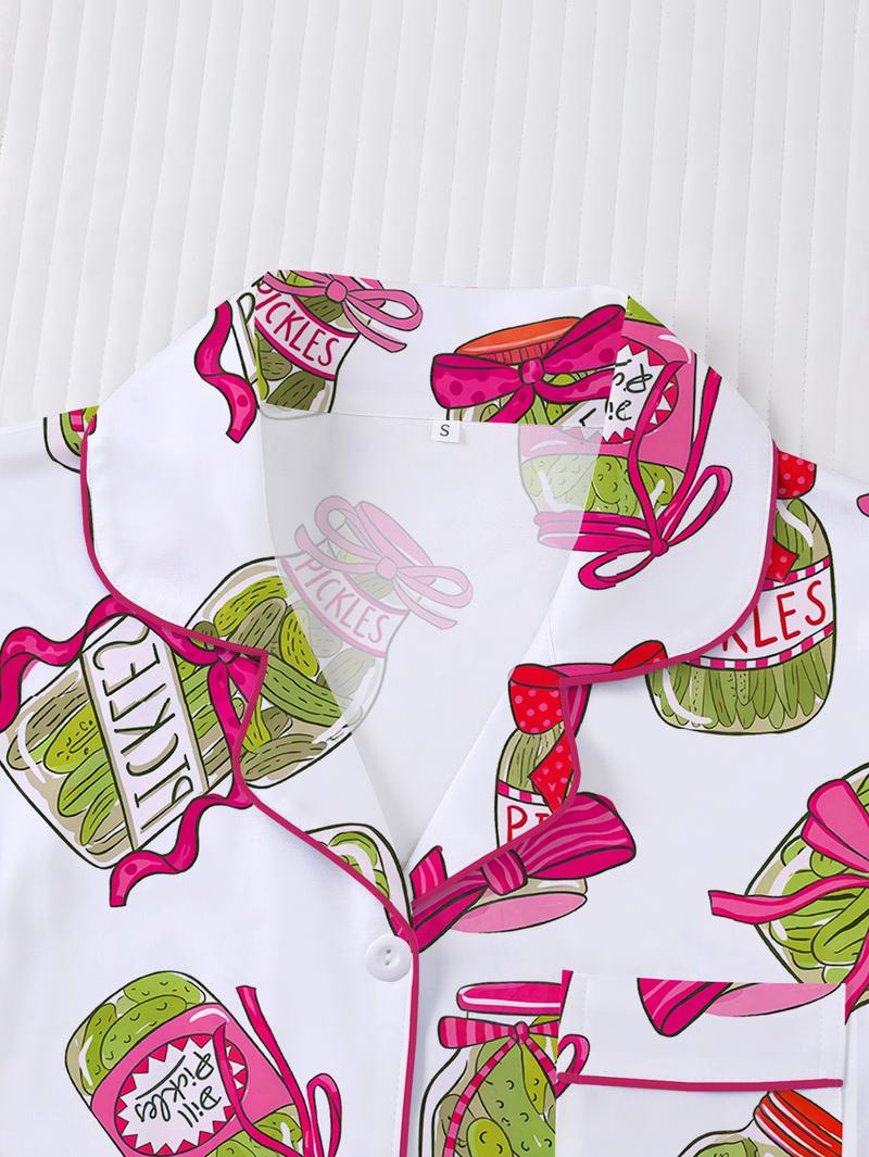 Elegant women's sleepwear set with knitted fabric short sleeved button top and shorts, pickled cucumber print home clothes, casual one-piece cartoon pattern sleepwear combination, lemon design essential short sleeved fashionable women's pocket style Elegant women's sleepwear set with knitted fabric short sleeved button top and shorts, pickled cucumber print home clothes, casual one-piece cartoon pattern sleepwear combination, lemon design essential short sleeved fashionable women's pocket style