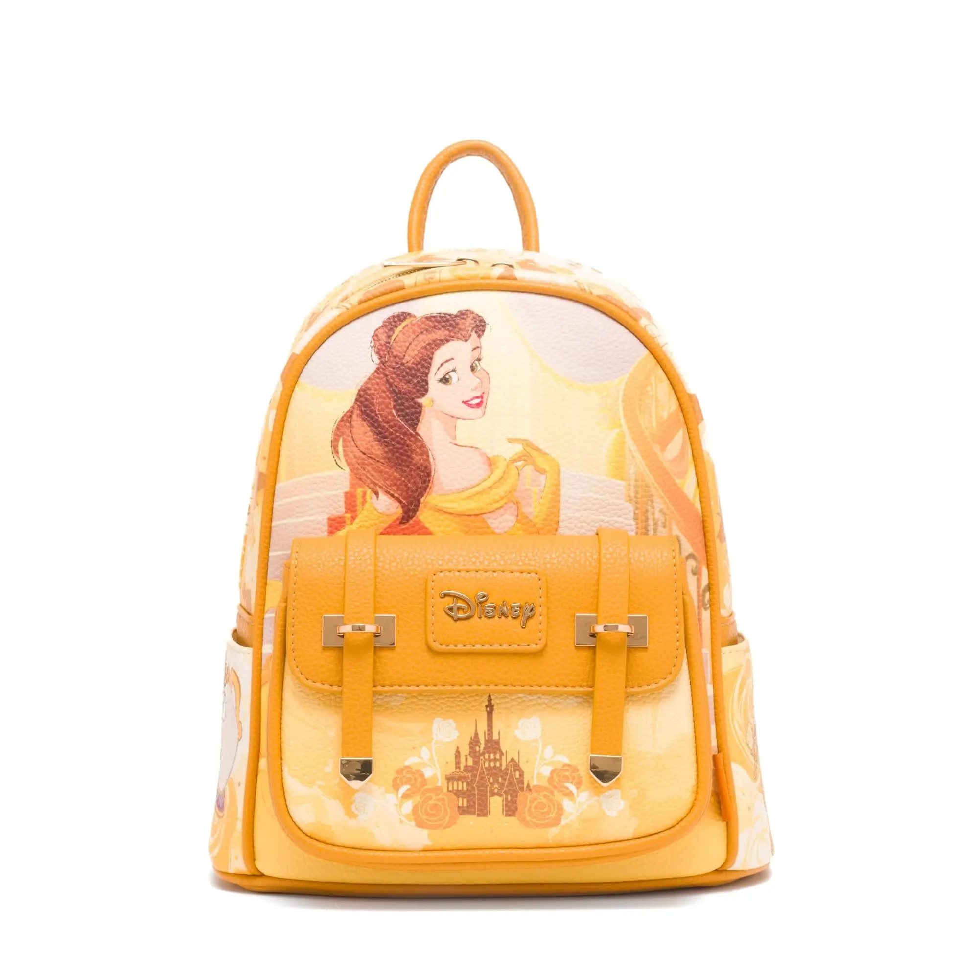 WondaPop Disney Beauty and the Beast Belle Graphic All-Over Print Vegan Leather Female Mini Backpack for Adults, 11"h x 8.5"w x 4"d, Basic Casual Style, Adjustable Shoulder Strap, Side Pockets, Hand Wash Only