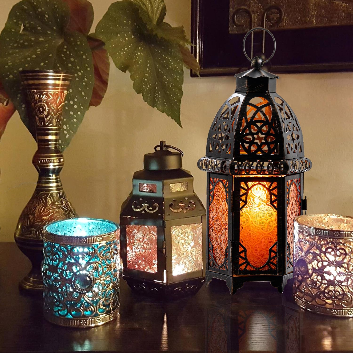 Vintage Large Size Decorative Moroccan Candle Lantern, 12.8’’ Metal Hanging&Tabletop Lantern Candle Holder Decor, Halloween Christmas Ramadan Decorations for Home Indoor Outdoor Patio (Amber) Ornaments Vintage Large Size Decorative Moroccan Candle Lantern, 12.8’’ Metal Hanging&Tabletop Lantern Candle Holder Decor, Halloween Christmas Ramadan Decorations for Home Indoor Outdoor Patio (Amber) Ornaments