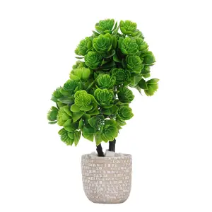 Artificial Green Ball Bonsai Tree - Fake Topiary Bush in Rustic Textured Stone Pot for Home Office Zen Decor | No Watering Needed, Greenery for Desk, Shelf & Bathroom Aesthetic Decor