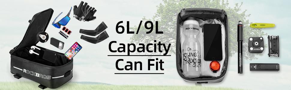 ROCKBROS Bike Rack Bag Saddle Pannier Bag Waterproof 6L or 9L for Cycling with Reflective Stripes and Red Tail Light