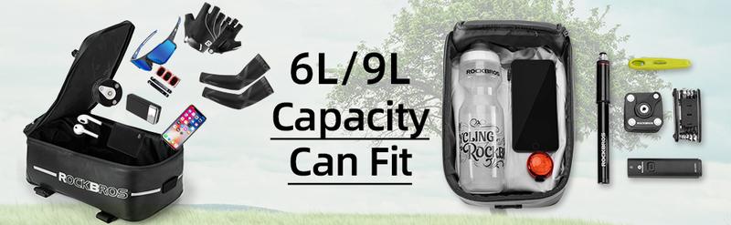 ROCKBROS Bike Rack Bag Saddle Pannier Bag Waterproof 6L or 9L for Cycling with Reflective Stripes and Red Tail Light