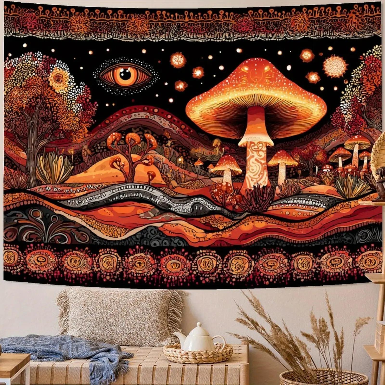 Synthetic Retro Boho Mushroom Eye Motif Polyester Tapestry Wall Hanging - Easy Install, Whimsical Home Decor, Dorm Room Inspo, Hippie Style Accent, Decorative Indoor Gift with Boho Retro Charm