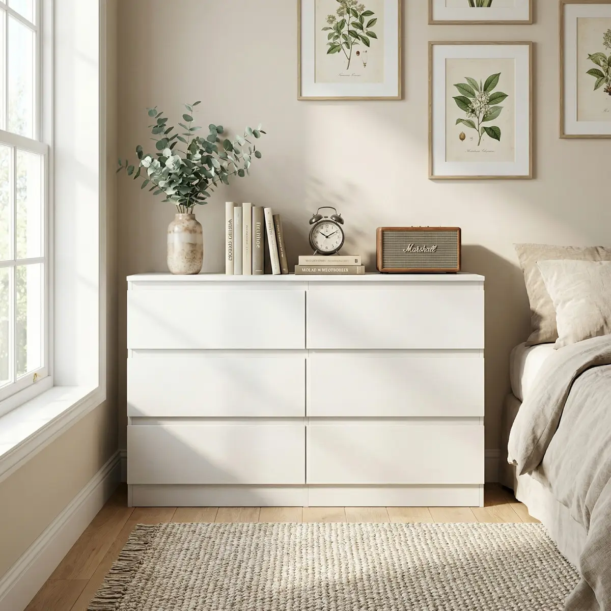 Glam 6-Drawer Modern Bedroom Dresser Furniture - Sturdy Wood Storage Cabinet with Concealed Handles, Waterproof Spacious Countertop, Deep Drawers for Bedroom, Closet Collectibles, Small Room Use, Thick Base