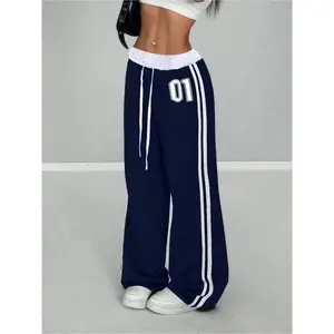 Women's Navy Blue Jogger Pants with Side Stripes, Loose Fit Athletic Sweatpants with "01" Print for Casual and Sports, Runner Pants