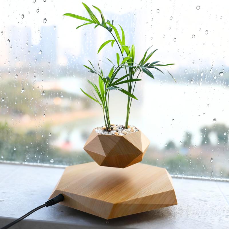 MAGECMOON Magnetic Levitation Plant Pot - Black Wood Grain White Marble Pot with Unique Levitation Effect for Air Plants & Bonsai - Home & Garden Decor - Perfect Valentine's Day Gift for Plant Lovers