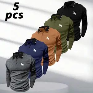 Men's classic vintage long-sleeved polo shirts, pack of 5. Made with comfortable, slightly stretchy knit fabric, featuring a fitted silhouette and unicorn print. Suitable for golf, outdoor leisure, fitness, and travel; a perfect gift for husbands.