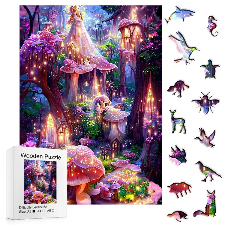 Enchanted Fairy Forest Glow Wooden Jigsaw Puzzle - 5A Difficulty Magical Mushroom Design, A3 Size with A4 & A5 Options, for Kids & Adults, Puzzle Wooden Jigsaws