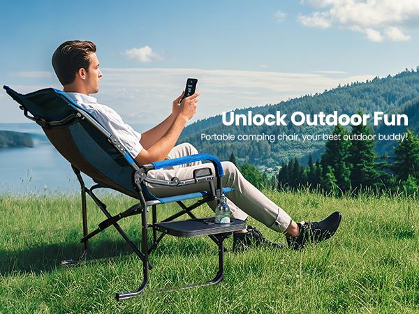 PHI VILLA 27” High Back Adjustable Camping Chair, 2-Position Reclining Folding Director Chair Supports 300lbs, Heavy Duty Outdoor Lawn Chair with Side Shelf