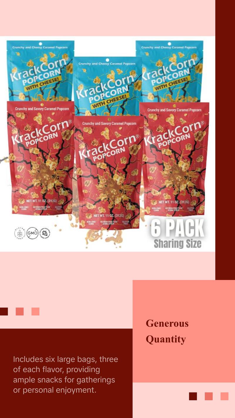 KrackCorn Popcorn 6-Large Bags Mixed with the Original Crunchy Caramel and KrackCorn With Cheese. Non-GMO, Gluten Free, Family Recipe Crunchy Snacks KrackCorn Popcorn 6-Large Bags Mixed with the Original Crunchy Caramel and KrackCorn With Cheese. Non-GMO, Gluten Free, Family Recipe Crunchy Snacks