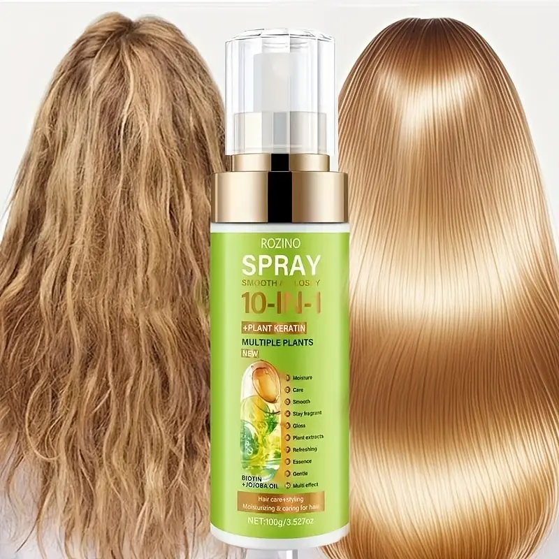 ROZINO 3.38 fl oz 10-in-1 Hydrating  Spray, Plant Keratin Leave-In Heat Protectant, Jojoba & Coconut Oil Infused, Frizz Control, Boost Shine & Moisturize, Haircare for All  Types rox pro daily use kit dekar see ll thaari hw sulfate-free healthy hair