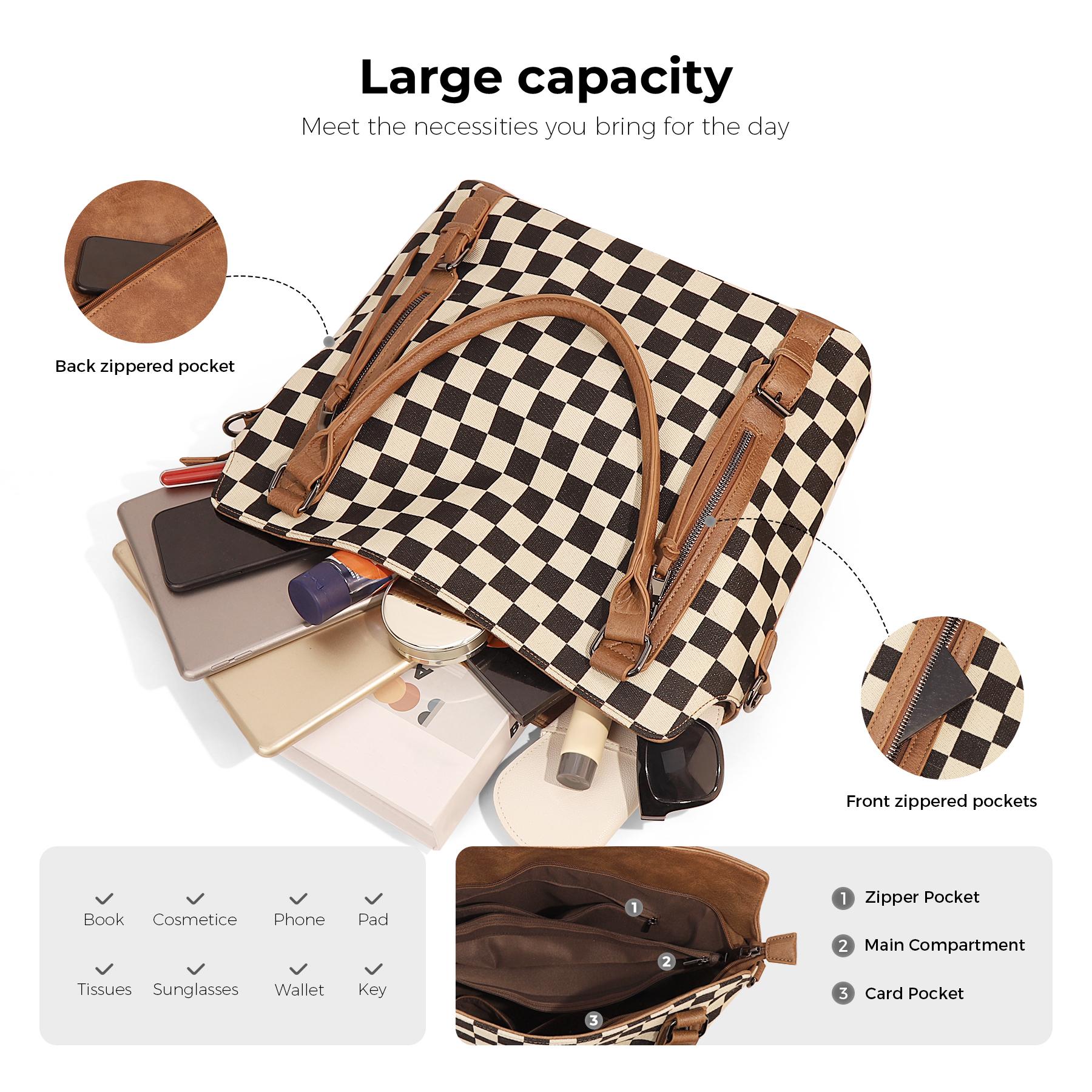 Large Checkered Tote Bag for Women, Vintage Hobo Bags for Women, Multiple Pockets Tote Handbags, Water Repellent Shoulder Bag