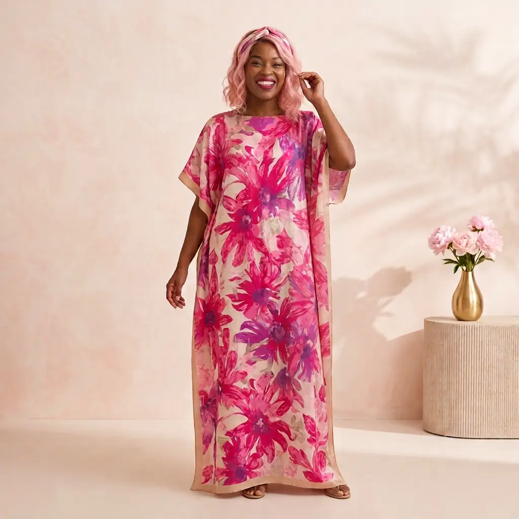 【Moomoo】Boho Floral Print Shawl Dress and Scarf Set for Women - Lightweight Polyester Swimwear Cover-Up for Casual Beach Vacations.Elegant Floral & Deer Print Silky Caftan Moomoo Maxi Dress + Matching Scarf 2-Piece Set for ladies.  016