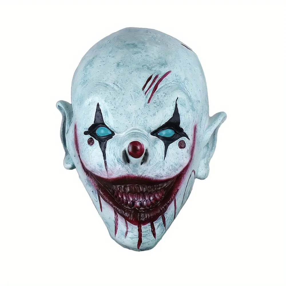 Adult Scary Bloody Natural Latex Full Head Clown Mask - Evil Smiling Design with Elf Ears, Handcrafted Vintage Resin Glow Rechargeable Miniature Custom Halloween Prop, Accessories for Haunted House Parties, Party