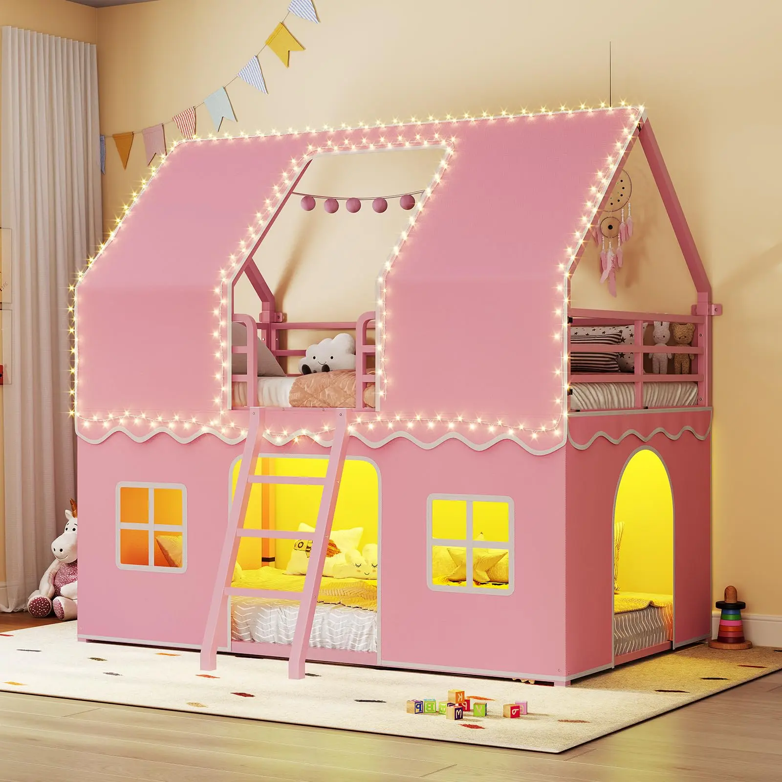 SIKAIC Vertical Twin Over Twin Playhouse Bed for Kids Furniture Bedroom - Metal Bunkbeds Frame with LED Lights, Play Curtain Panel, Safety Guardrails, Included Ladder