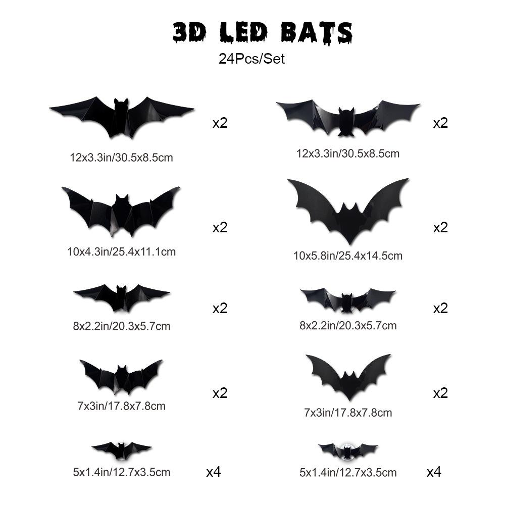 【BougeRV 3D Bat Design LED Decorations】12pcs/24pcs Set Spooky Ornaments for Home Party Festival Halloween Easy Install Wall Stickers Smooth Application - Decorative(Non-remote)