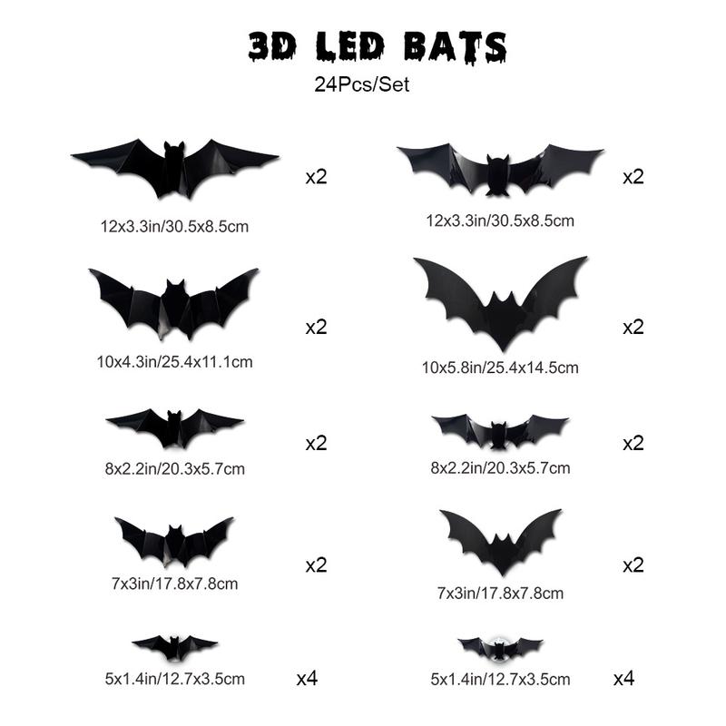 【BougeRV 3D Bat Design LED Decorations】12pcs/24pcs Set Spooky Ornaments for Home Party Festival Halloween Easy Install Wall Stickers Smooth Application - Decorative(Non-remote)