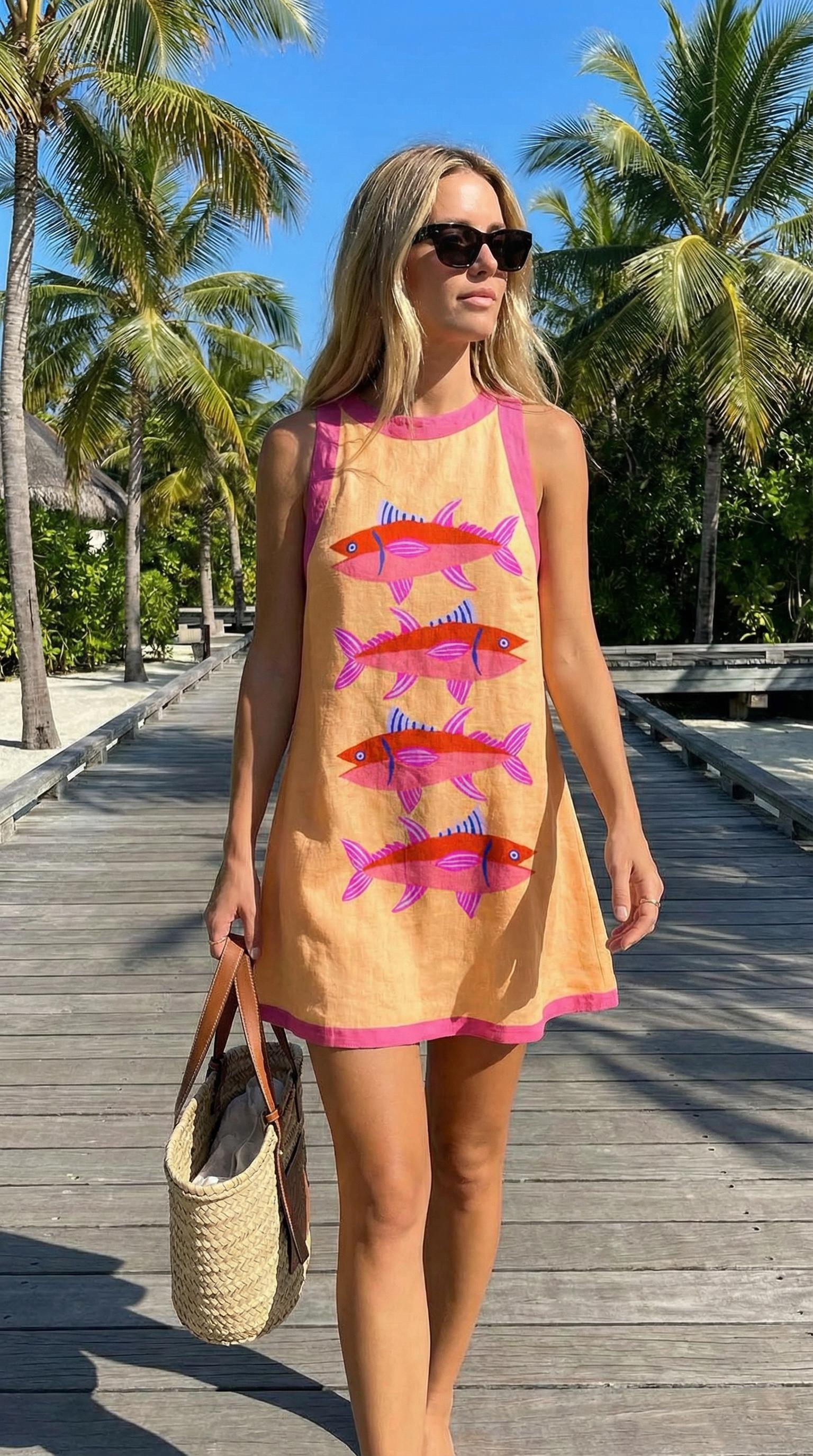 Holiday Fish Print Sleeveless Mini Dress, Pop Style Prints, Cute and Playful Dress, Summer Comfortable Women's Clothing #SpringStatements