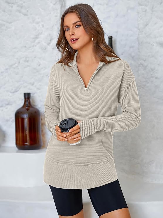 PRETTYGARDEN Women's Long Sleeve Quarter Zip Pullover Sweater Casual Loose V Neck Collared Ribbed Knit Jumper Tops Thumb Hole Cozy Ribbed Knit Soft Warm Trendy Colors for Every Season