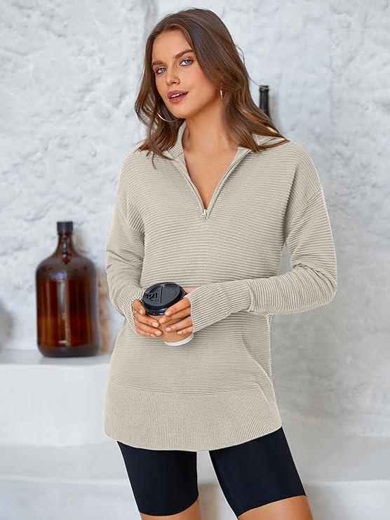 PRETTYGARDEN Women's Long Sleeve Quarter Zip Pullover Sweater Casual Loose V Neck Collared Ribbed Knit Jumper Tops Thumb Hole Cozy Ribbed Knit Soft Warm Trendy Colors for Every Season