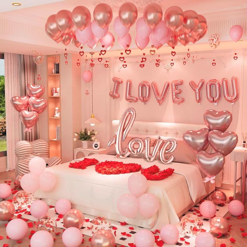 Valentines Day Decorations, I Love You Balloons with Red Silk Rose Petals Flower Romantic Decorations, Rose Gold Pink Heart Balloons Kit for Anniversary Mothers Day Wedding Valentine’s Day Decorations