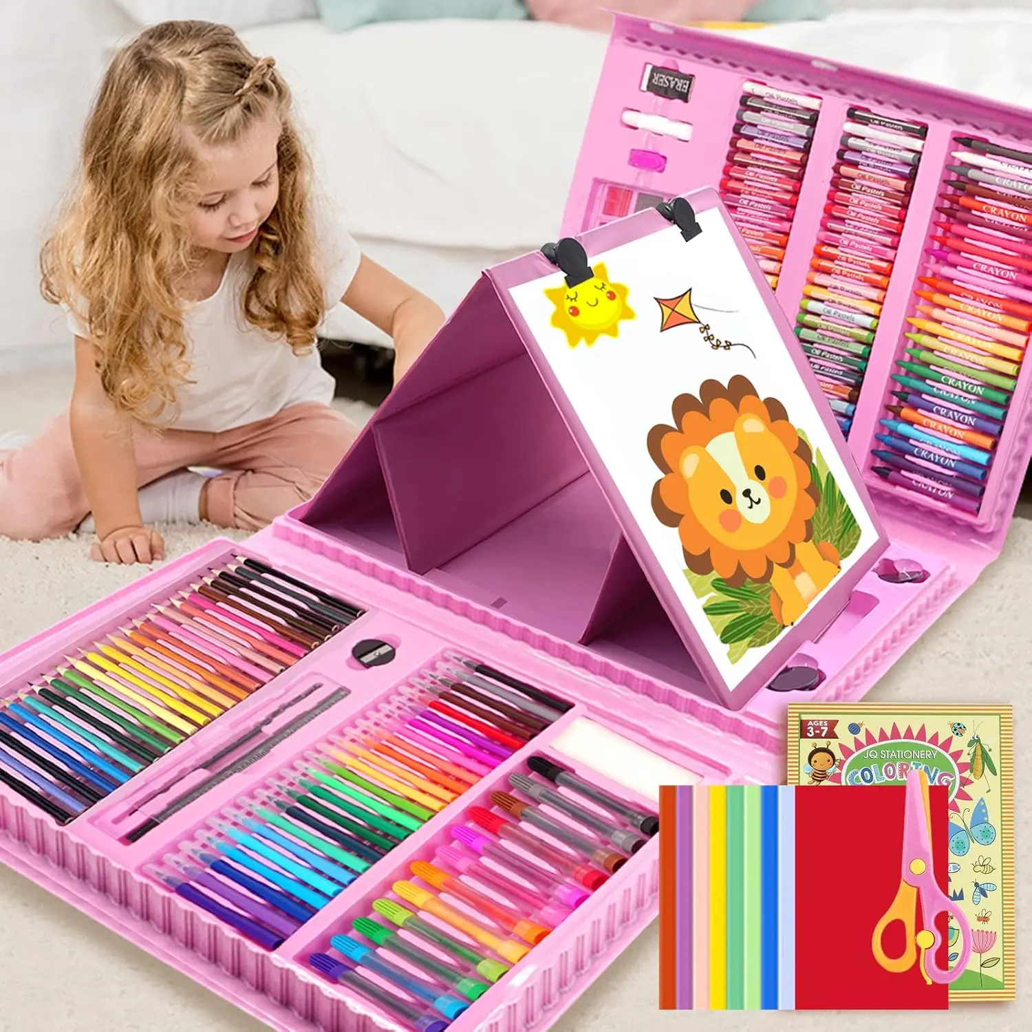 Easter Gift 208 PCS Art Supplies Kit for Kids Girls Boys Ages 4-12, Drawing Set with Trifold Easel, Includes Coloring Book, Scissors, Sticker, Origami Paper Crayons, Markers, Colored Pencils, Watercolors
