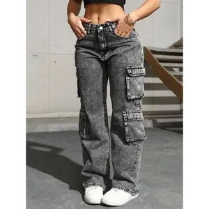 Flap Pocket Side Cargo Denim Jeans Simple Fashionable Daily Casual straight  leg  jeans