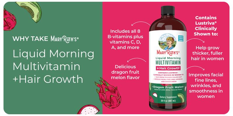 MaryRuth's Liquid Multivitamin +  Hair Growth - Clinically Tested Lustriva for Thicker Hair in Women - Improve Facial Wrinkles - Vegan - 30 Fl Oz