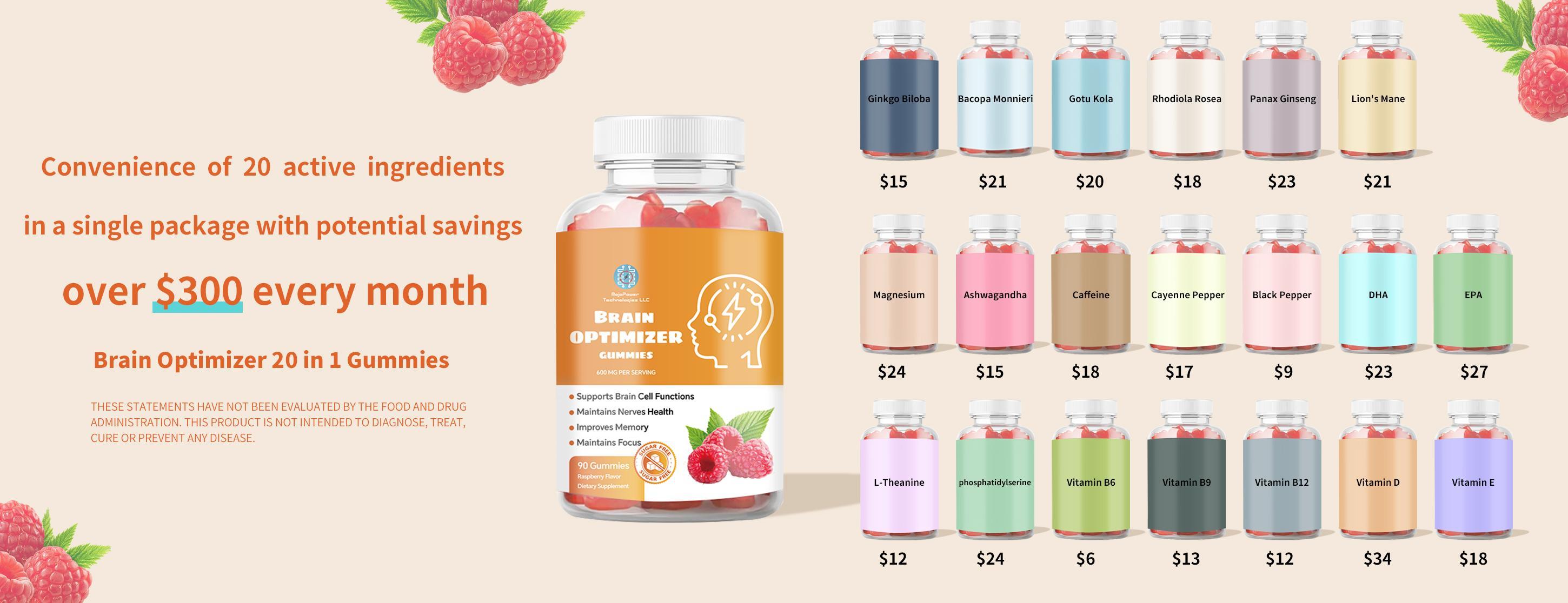 Brain Optimizer Gummies | Memory, Focus & Attention Support | Cognitive Health Supplement with Magnesium, Omega 3, Ashwagandha | 90 Count, Raspberry Flavor