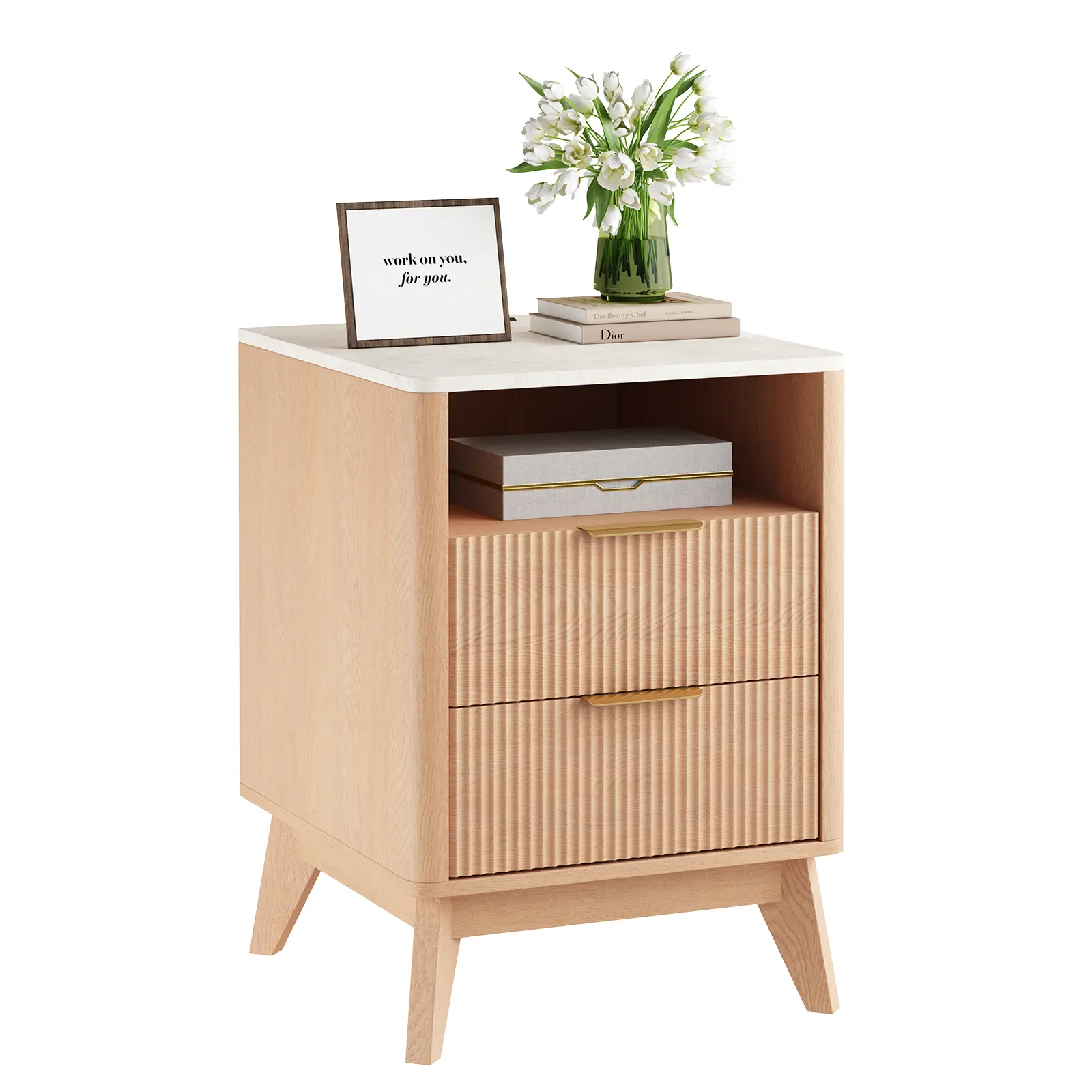 Sweetcrispy White Oak Nightstand - 18in-23in Contemporary Cuboid Indoor Furniture Bedside Table, Sturdy Construction, Functional Storage Drawer, Optional Assembly