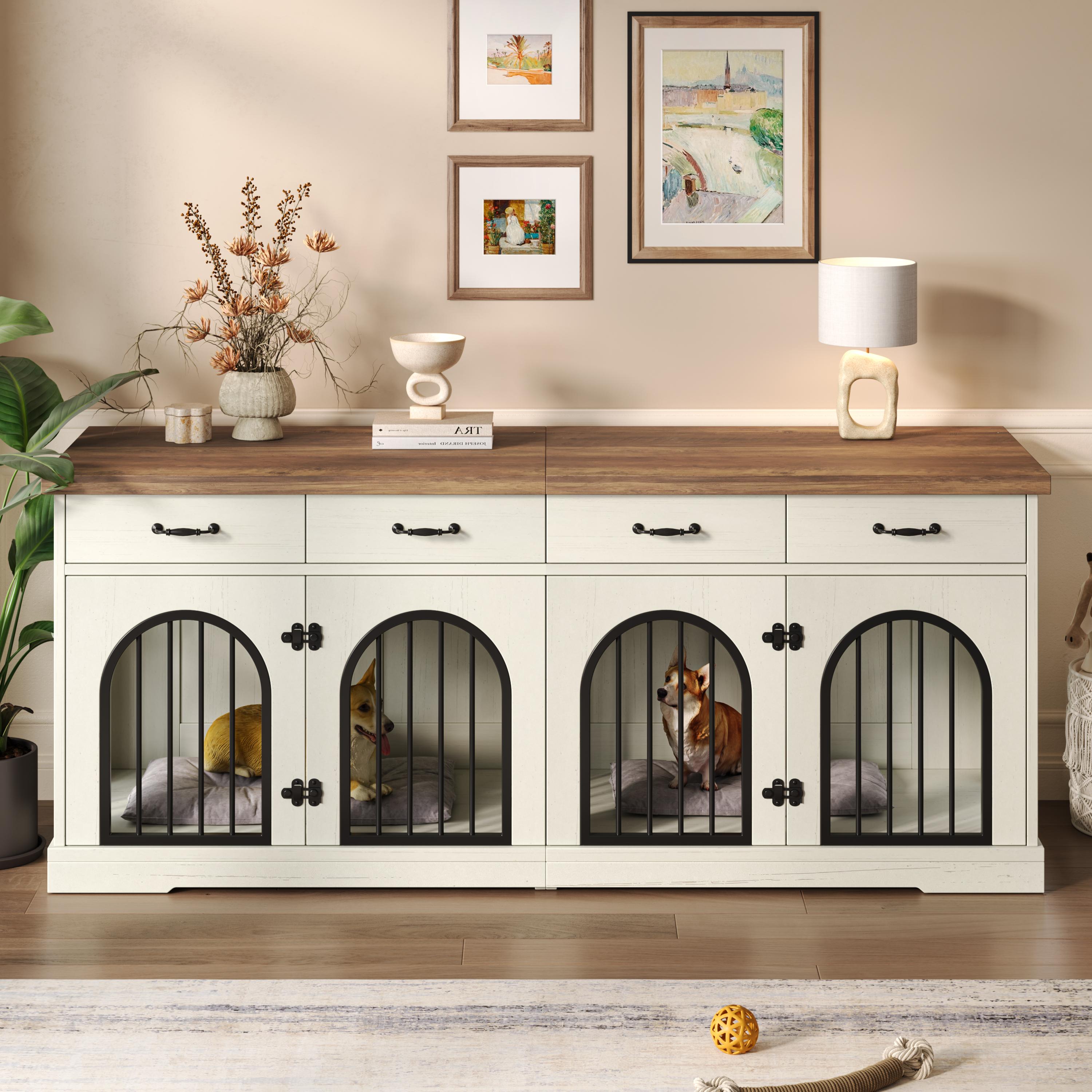70.8" Large Dog Crate Furniture for 2 Dogs, Dog Kennel Indoor with Removable Divider Door and 4 Storage Drawers, End Table, Dog Crate TV Stand with 4 Doors for Medium Small Dogs, White and Brown