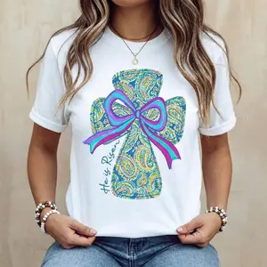 Vibrant Cross and Bow Design Cotton Casual Round Neck Short Sleeve Summer T Shirt Featuring He Is Risen Print Machine Washable Made in USA Christian T Shirt Top