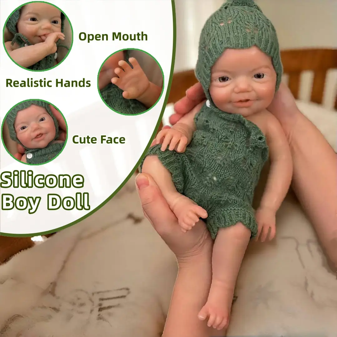 13 Inch Open Mouth Charlie Full Silicone Reborn Boy Doll With Painted Bald Clear Veins Dress In Green Outfits Washable Flexible Newborn Doll Christmas Gifts For Children